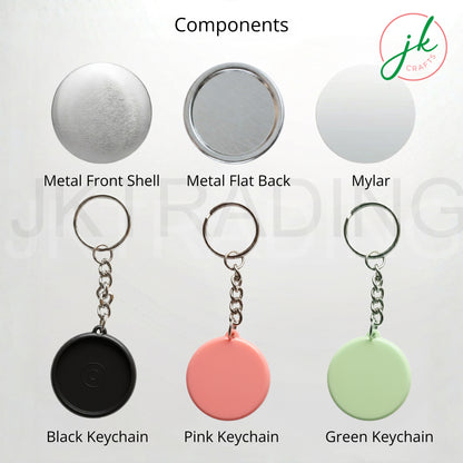 Keychain components including metal front shell, metal flat back, mylar material, and three keychains in black, pink, and green on a white background.