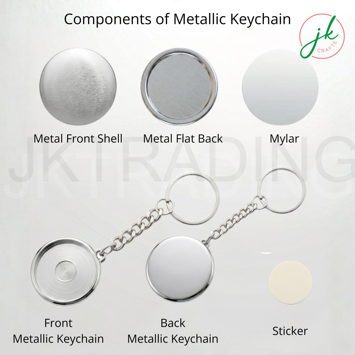 Metallic keychain button badge parts layout showing the chrome back shell, keyring chain, and double-sided sticker.