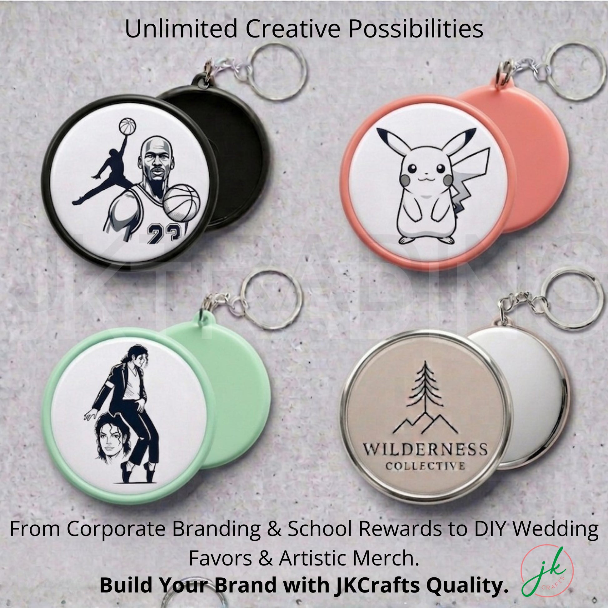 Keychains with various designs on a gray background, featuring branding text.