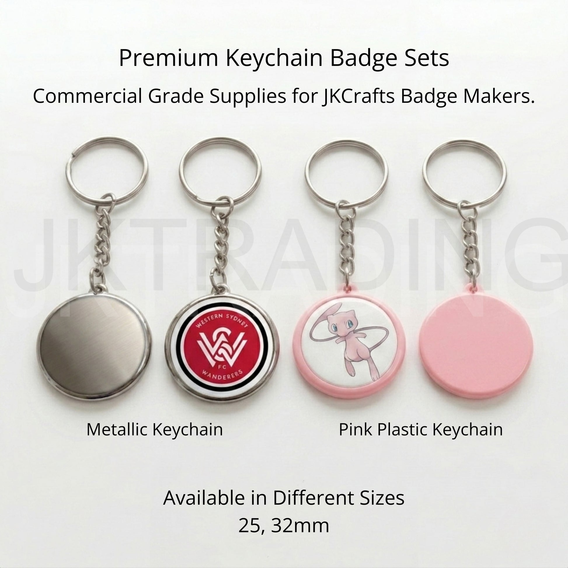 Four keychain badge sets with different designs on a white background, labeled as metallic and pink plastic keychains.