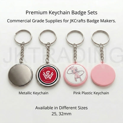 Four keychain badge sets with different designs on a white background, labeled as metallic and pink plastic keychains.