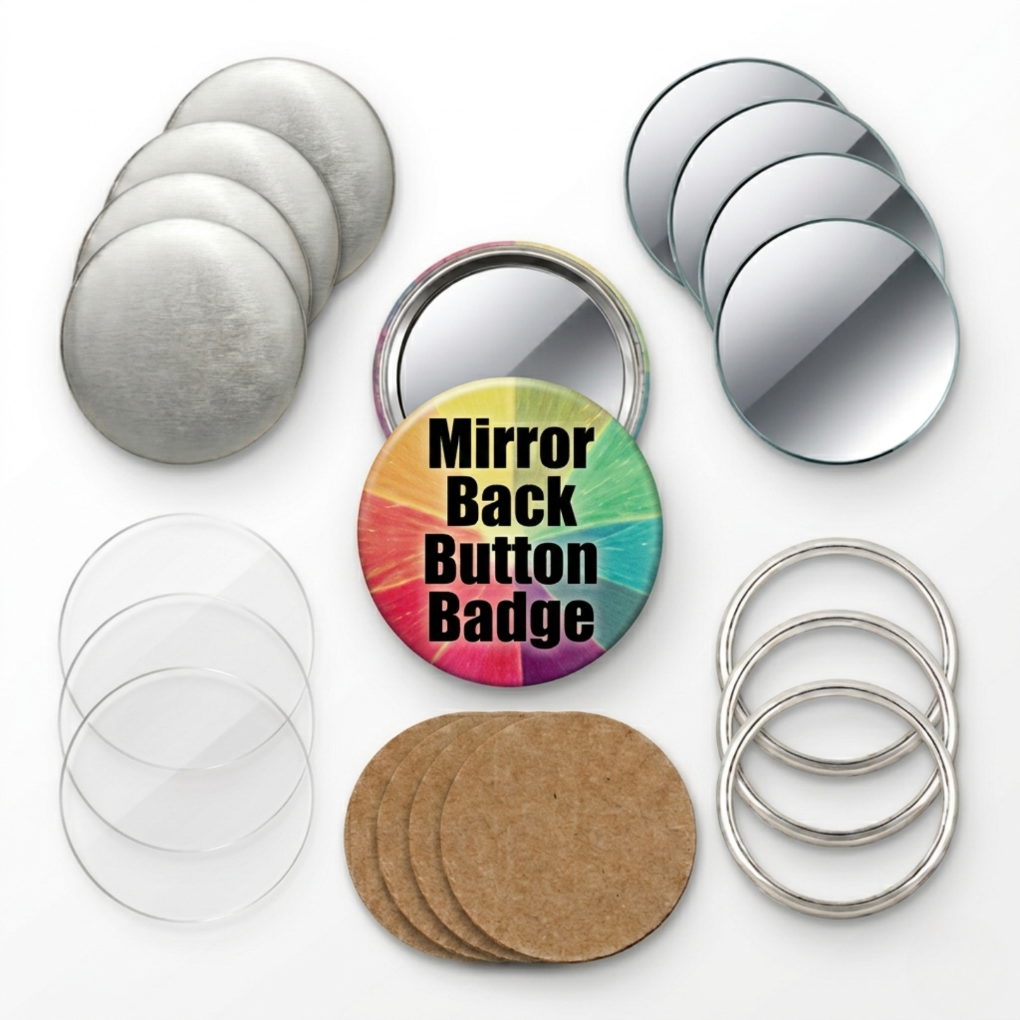 DIY pocket mirror back button badge kit components with metal shells, glass mirrors, and cardboard spacers.