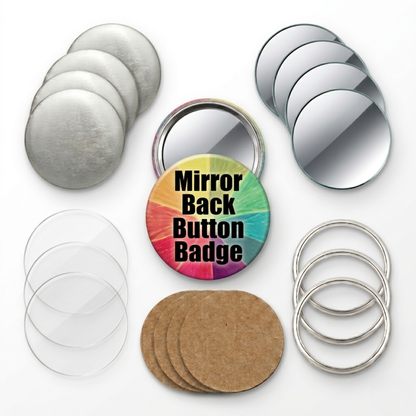 DIY pocket mirror back button badge kit components with metal shells, glass mirrors, and cardboard spacers.
