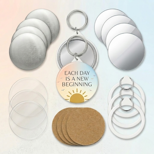 DIY pocket mirror keychain button badge kit with blank metal shells, glass mirrors, keyrings, and mylar layers.