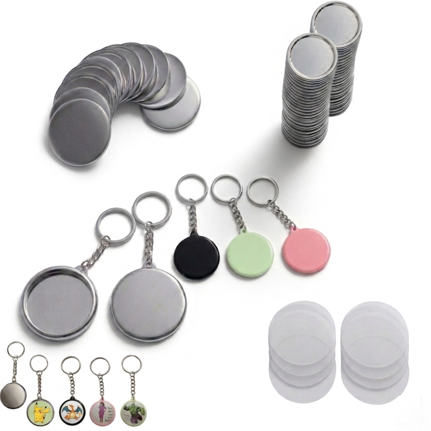 Complete DIY blank keychain button badge making kit with metal shells, split keyring chains, and colorful backs.