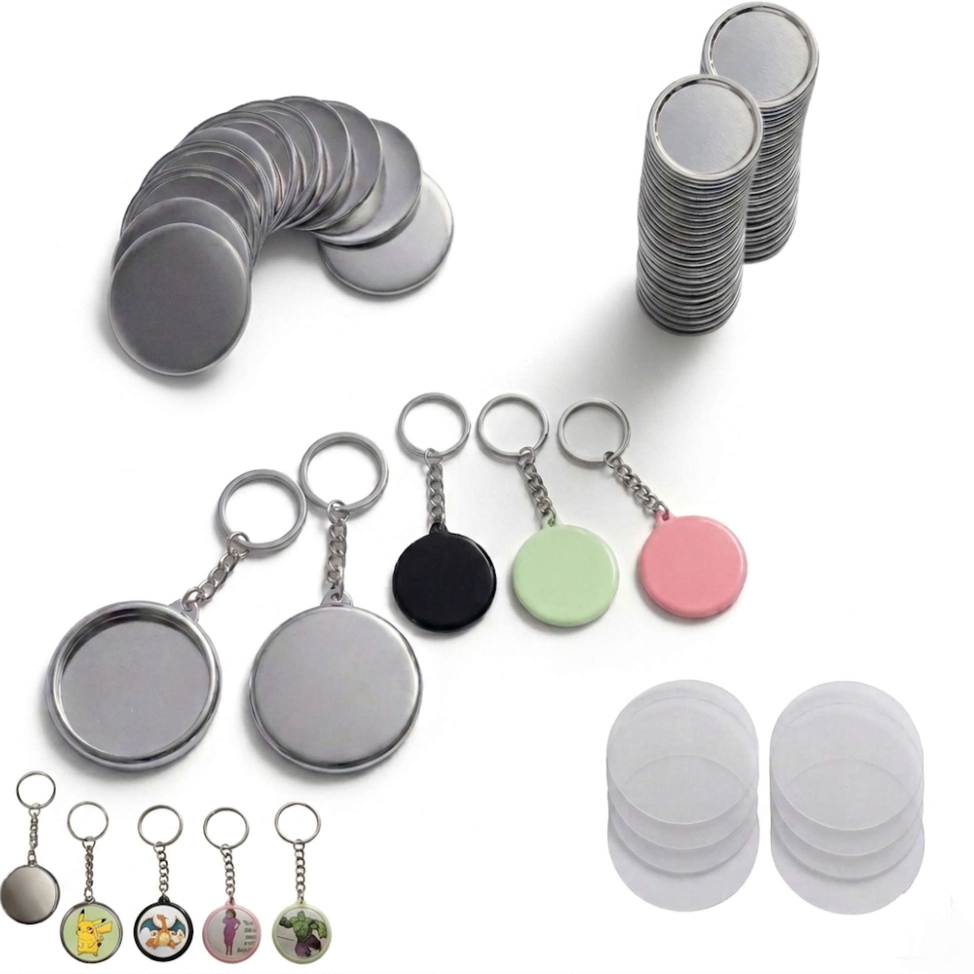 Complete DIY blank keychain button badge making kit with metal shells, split keyring chains, and colorful backs.
