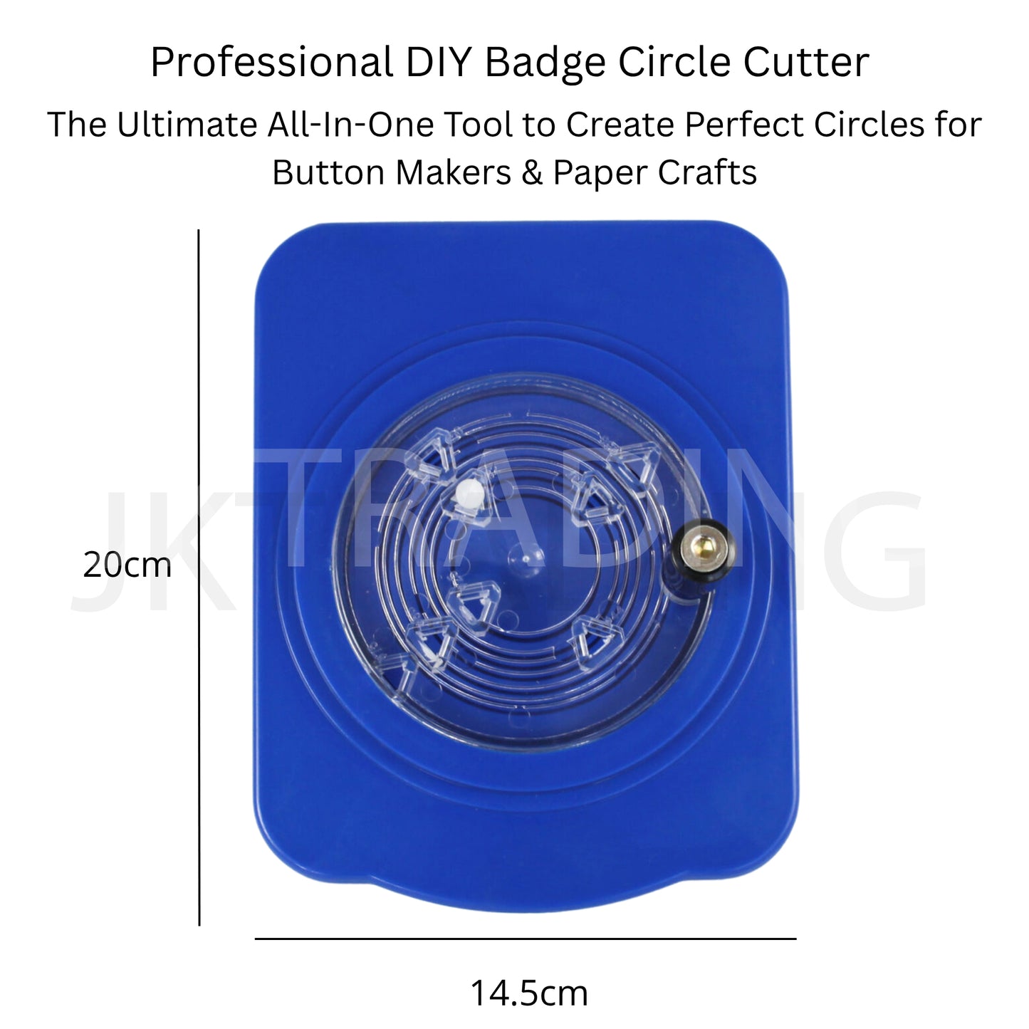 Blue DIY badge paper circle cutter with measurement details on a white background
