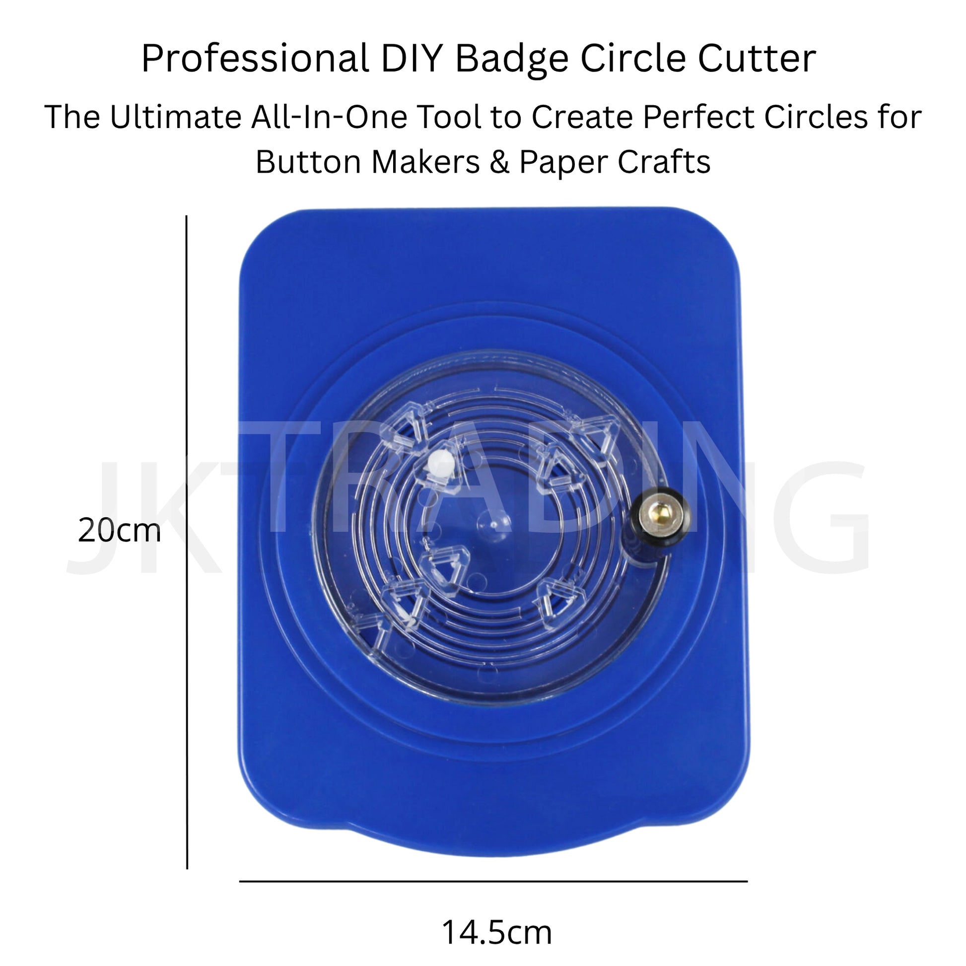 Blue DIY badge paper circle cutter with measurement details on a white background
