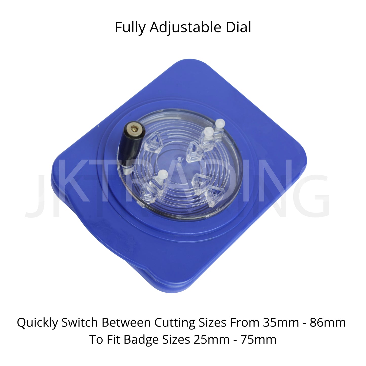 Adjustable dial on the blue circle cutter showing cutting sizes from 35mm to 86mm for 25mm to 75mm badges.