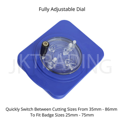 Adjustable dial on the blue circle cutter showing cutting sizes from 35mm to 86mm for 25mm to 75mm badges.
