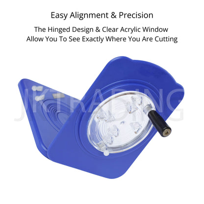 Blue circle cutter with clear acrylic window and text about easy alignment and precision.