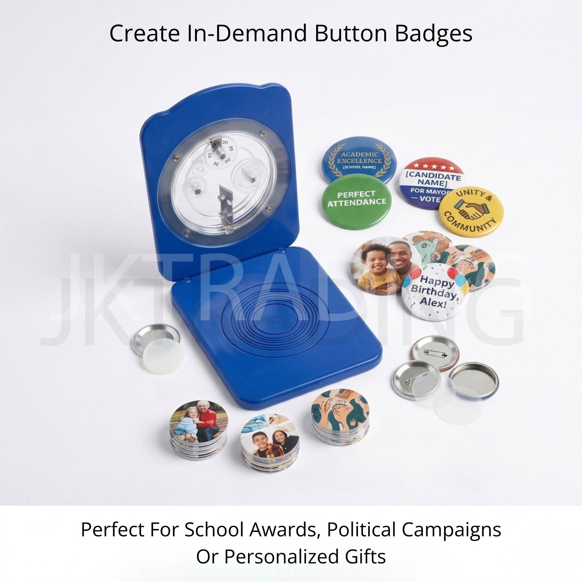 Button badge creation kit with blue circle round cutting machine and personalized buttons on a white background.