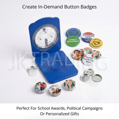 Button badge creation kit with blue circle round cutting machine and personalized buttons on a white background.