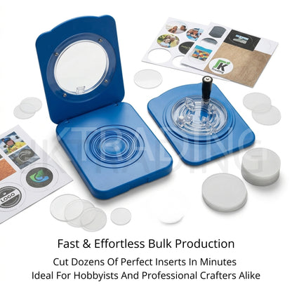 Complete heavy-duty bulk production setup showing the blue circle cutter, paper sheets, and blank badge parts.