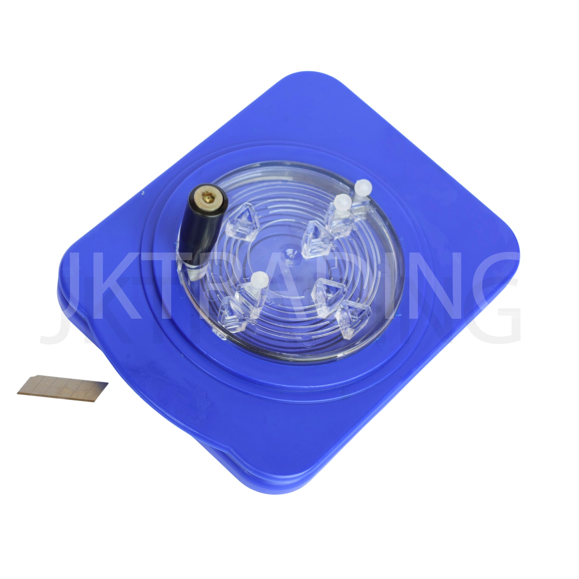 Close-up of the fully adjustable rotary dial mechanism on the premium blue badge graphic circle cutter.