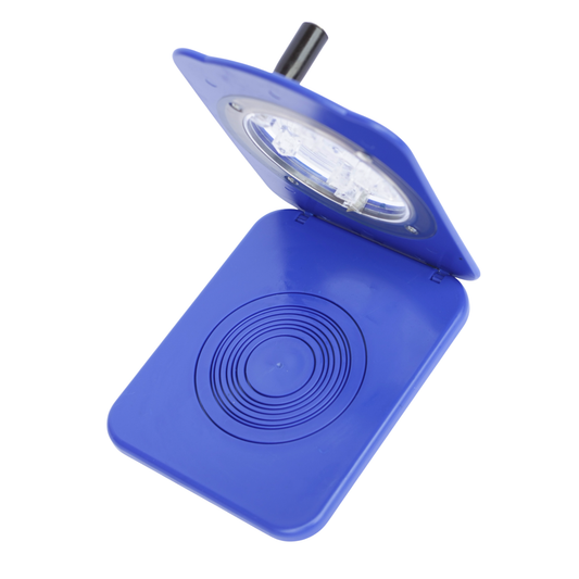 Blue multi-size circle cutter tool with an open hinged lid designed for button badge paper cutting.