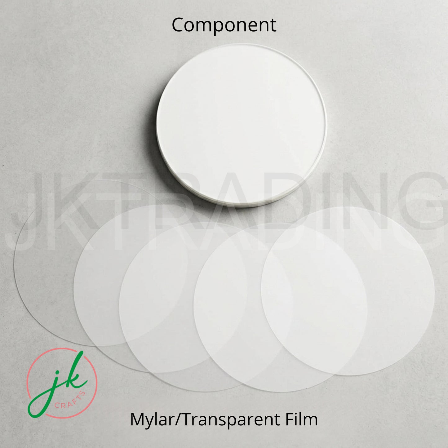 Transparent film component with 'jk' branding on a gray background