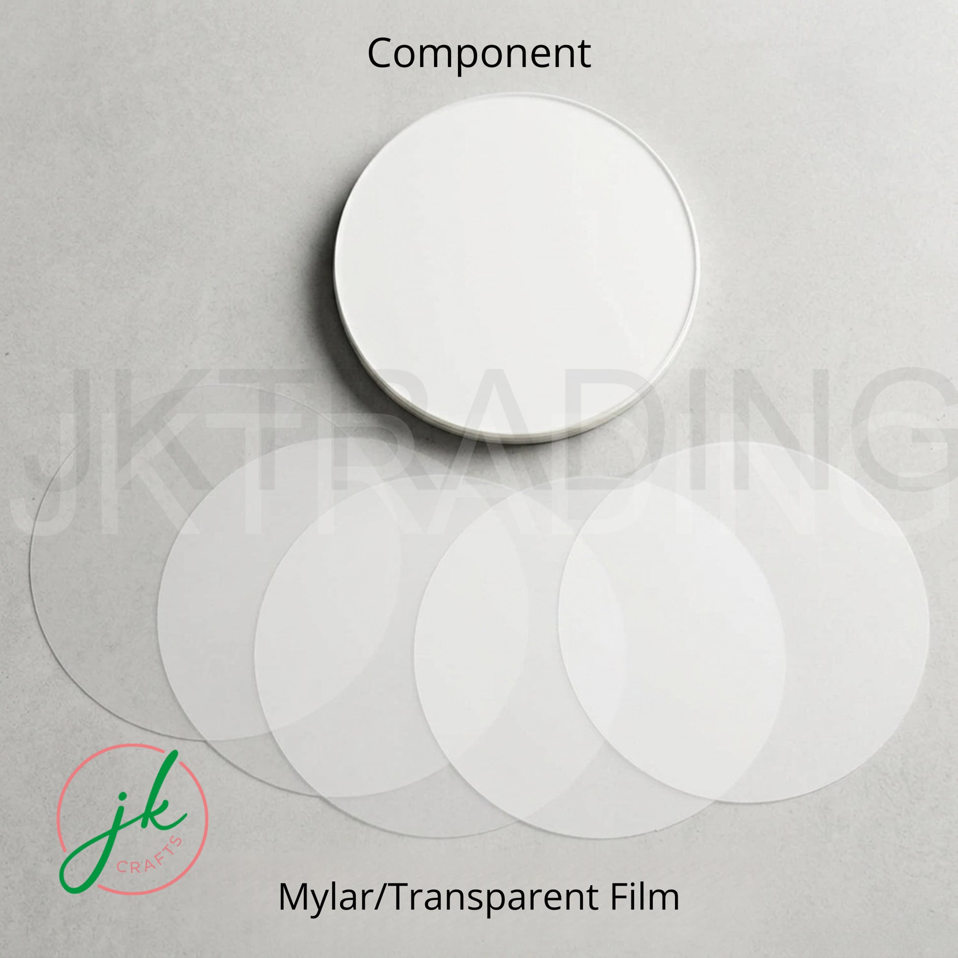 Transparent film component with 'jk' branding on a gray background