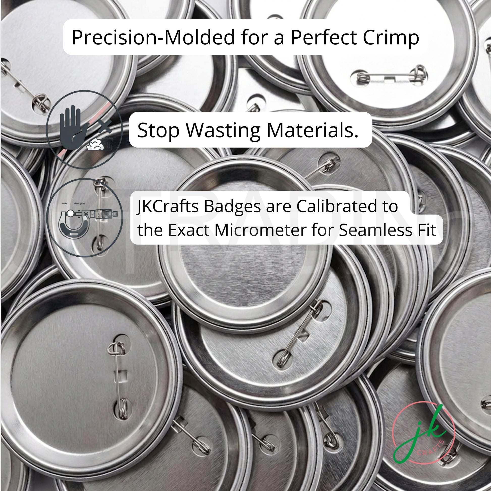Stack of metal badge components with text about precision molding and calibration.