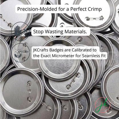 Stack of metal badge components with text about precision molding and calibration.