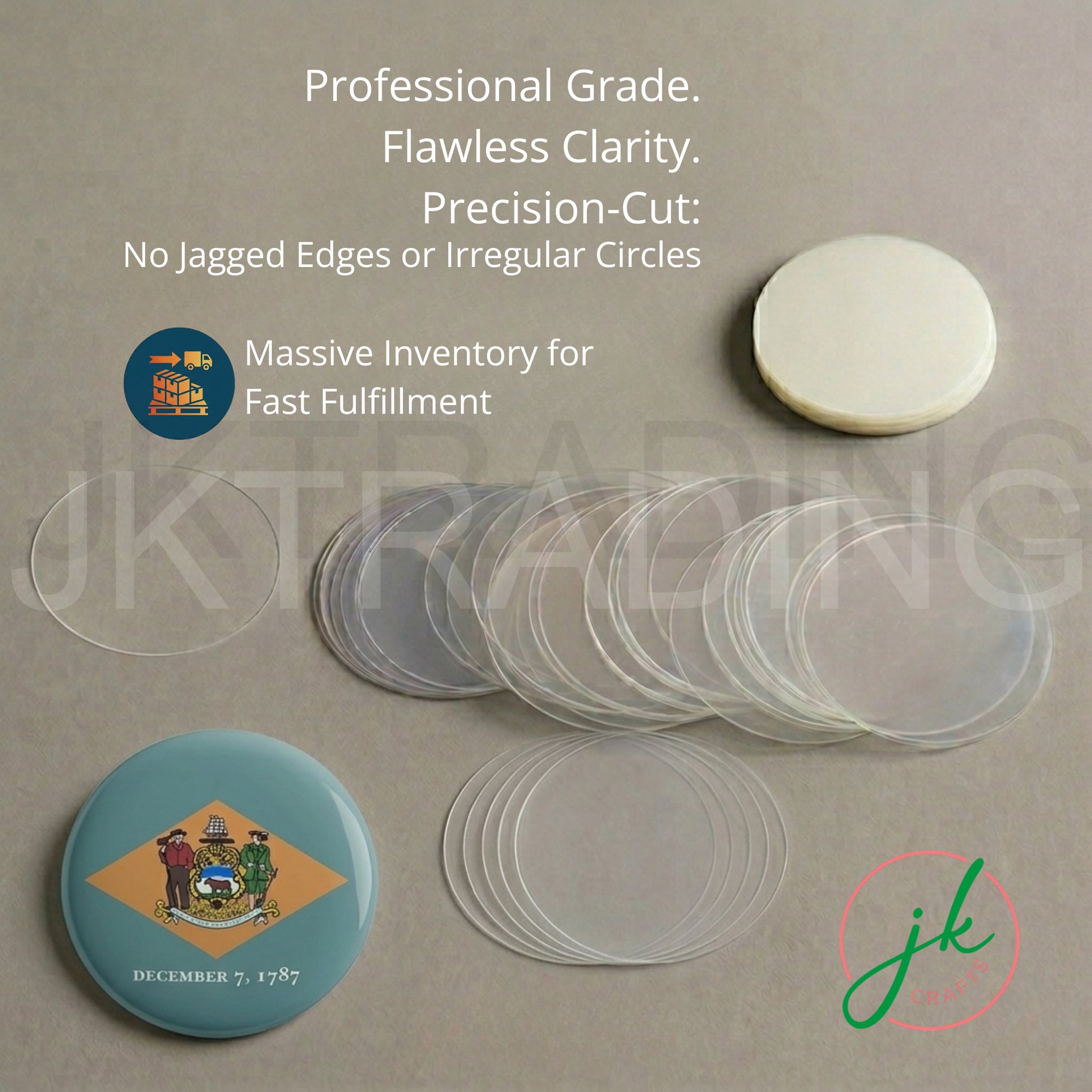 Flawless crimp precision-cut mylar circles displayed with custom button badge samples.