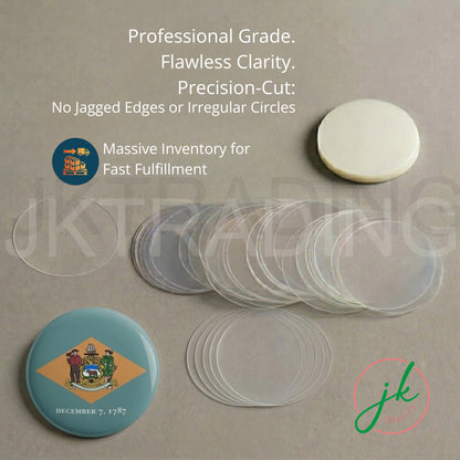 Flawless crimp precision-cut mylar circles displayed with custom button badge samples.