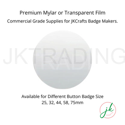 JKCrafts commercial grade premium mylar transparent film sets available for multiple button badge sizes.