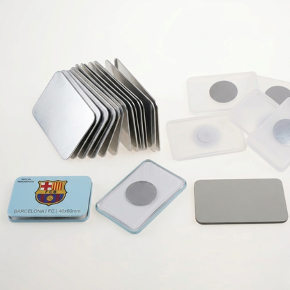 Blank 40x60mm rectangular neodymium ND fridge magnet badge kit parts with a custom Barcelona FC sample magnet.
