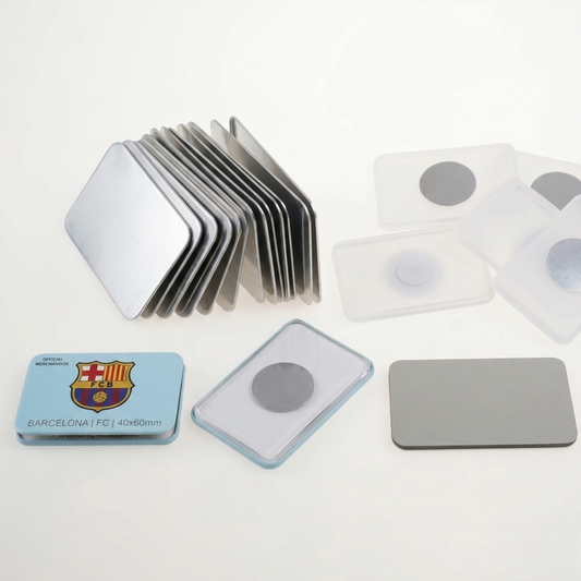 Blank 40x60mm rectangular neodymium ND fridge magnet badge kit parts with a custom Barcelona FC sample magnet.