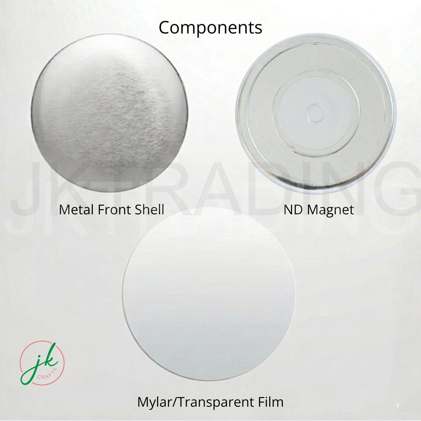 Component parts breakdown for ND magnet badges including metal front shell, neodymium magnet back, and mylar film.