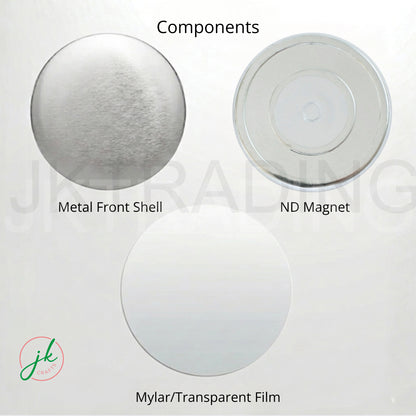 Component parts breakdown for ND magnet badges including metal front shell, neodymium magnet back, and mylar film.