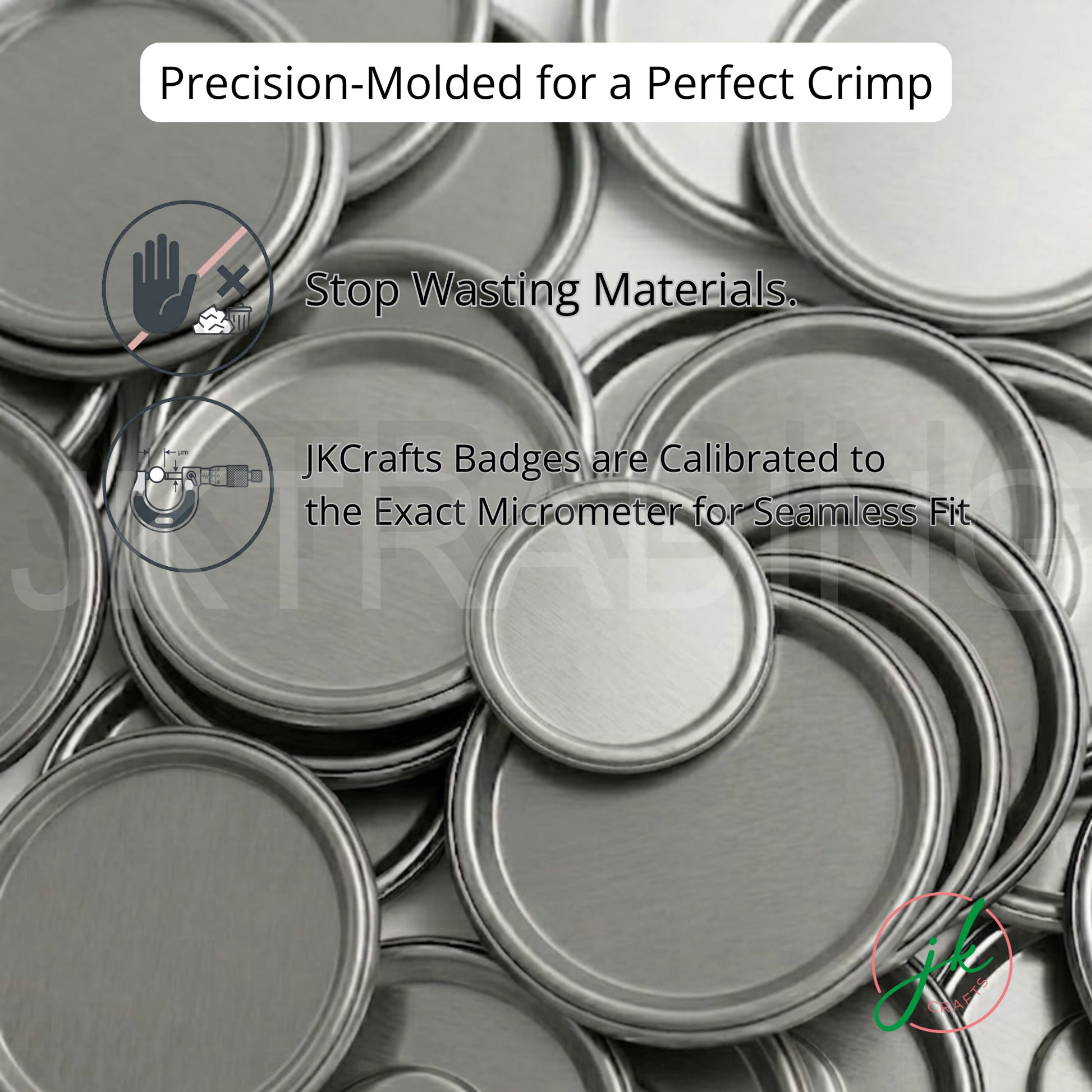 Heavy-duty flat back metal badge backings pile precision-molded for seamless crimping on button maker presses.