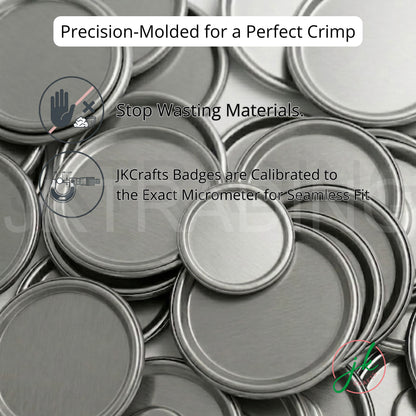 Heavy-duty flat back metal badge backings pile precision-molded for seamless crimping on button maker presses.