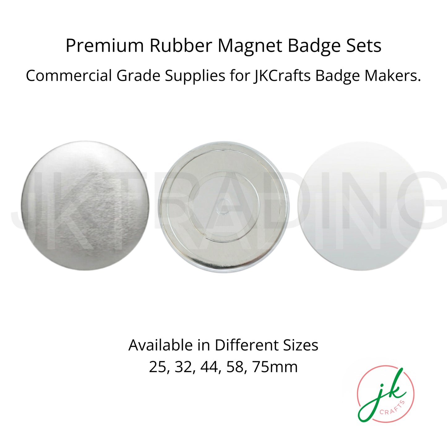 JKCrafts premium strong ND magnet badge sets available in 25mm, 32mm, 44mm, 58mm, and 75mm sizes.