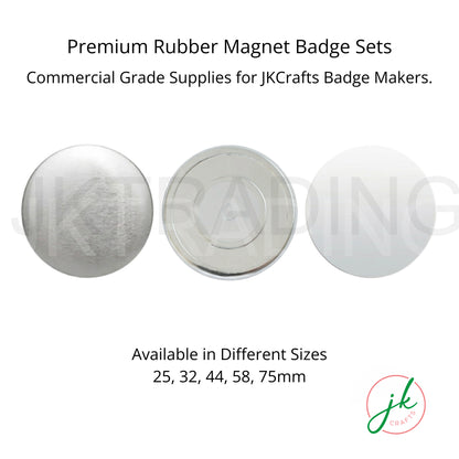 JKCrafts premium strong ND magnet badge sets available in 25mm, 32mm, 44mm, 58mm, and 75mm sizes.