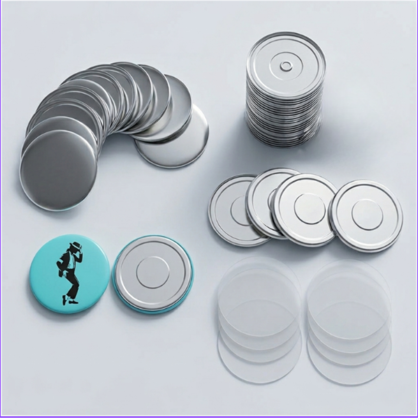 DIY kit for strong neodymium ND magnet button badges with metal shells, backings, and clear mylar circles.
