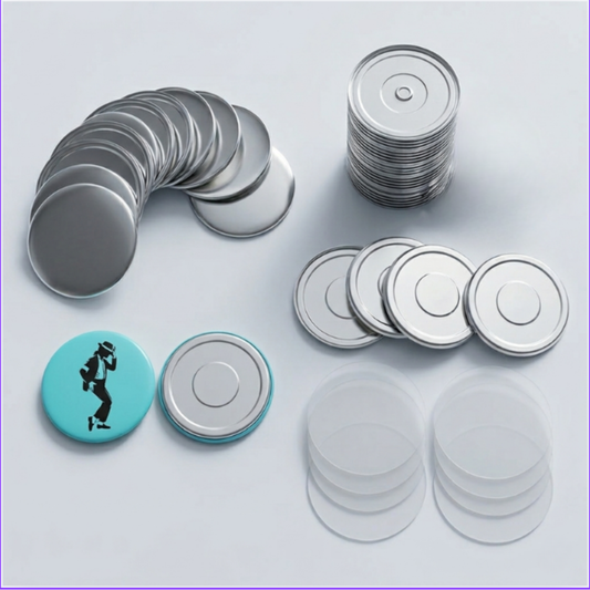 DIY kit for strong neodymium ND magnet button badges with metal shells, backings, and clear mylar circles.