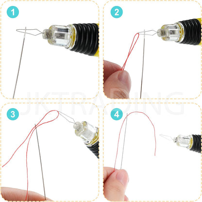 Four-step instruction graphic demonstrating how to pass thread through the wire loop and pull it through a needle eye.