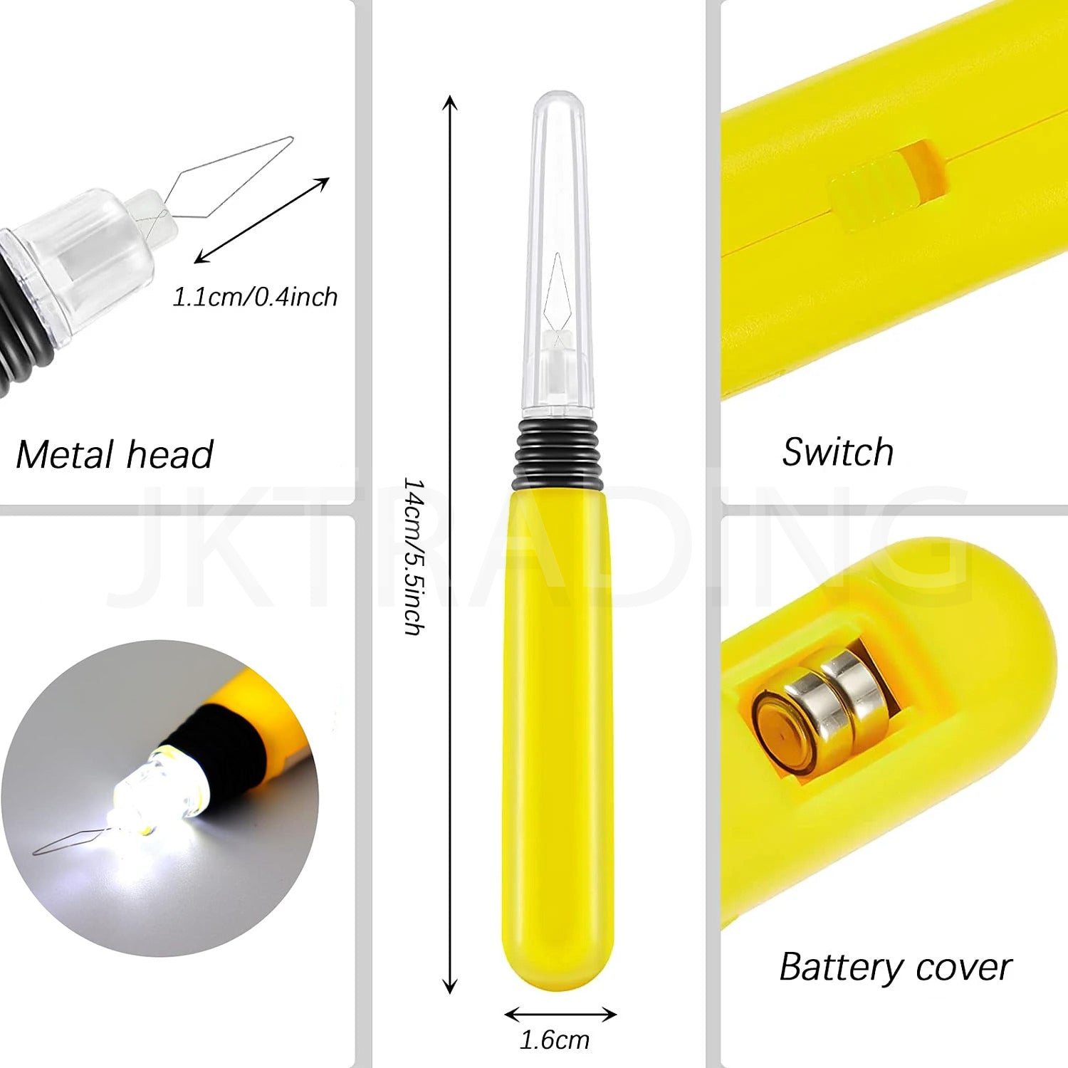 Feature infographic showcasing tool dimensions, the built-in switch, and the battery compartment housing on the yellow plastic body.