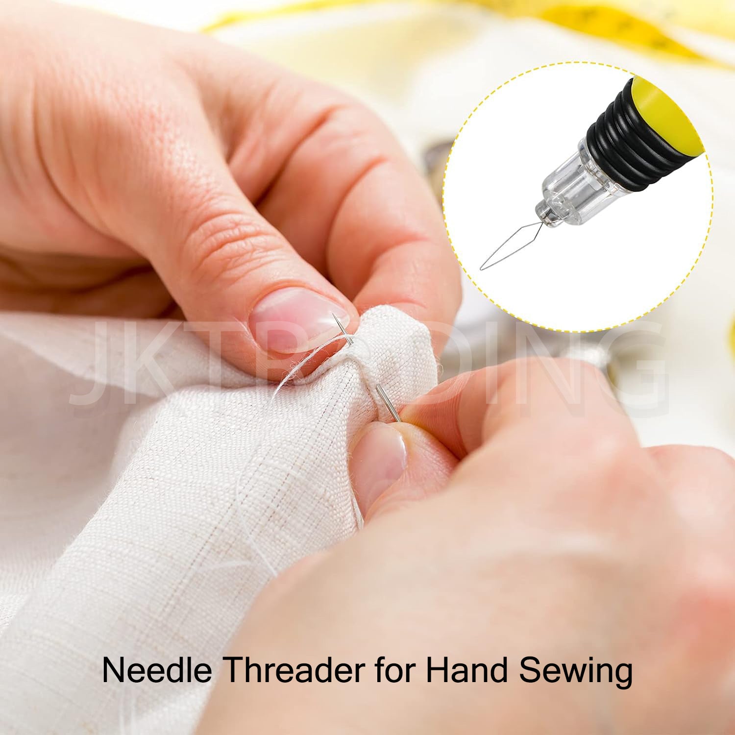 Close-up view of a crafter using the illuminated automatic threader tool to easily guide a thread line for hand sewing.