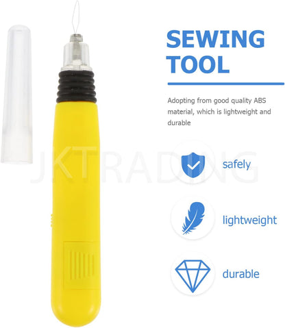 Product feature diagram highlighting the safe ABS material casing, lightweight design, and long-lasting durability of the sewing helper tool.
