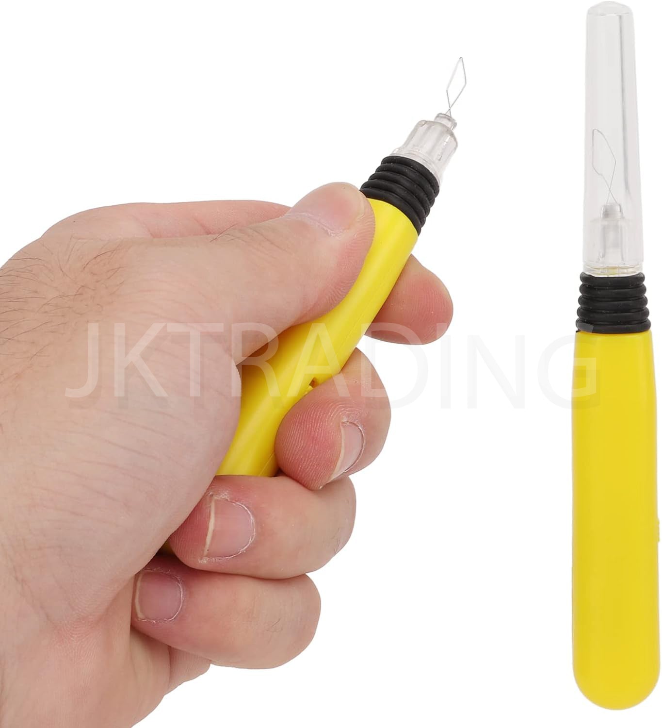 Hand holding the thick, yellow, non-slip comfort handle of the lighted needle threader against a plain white background.