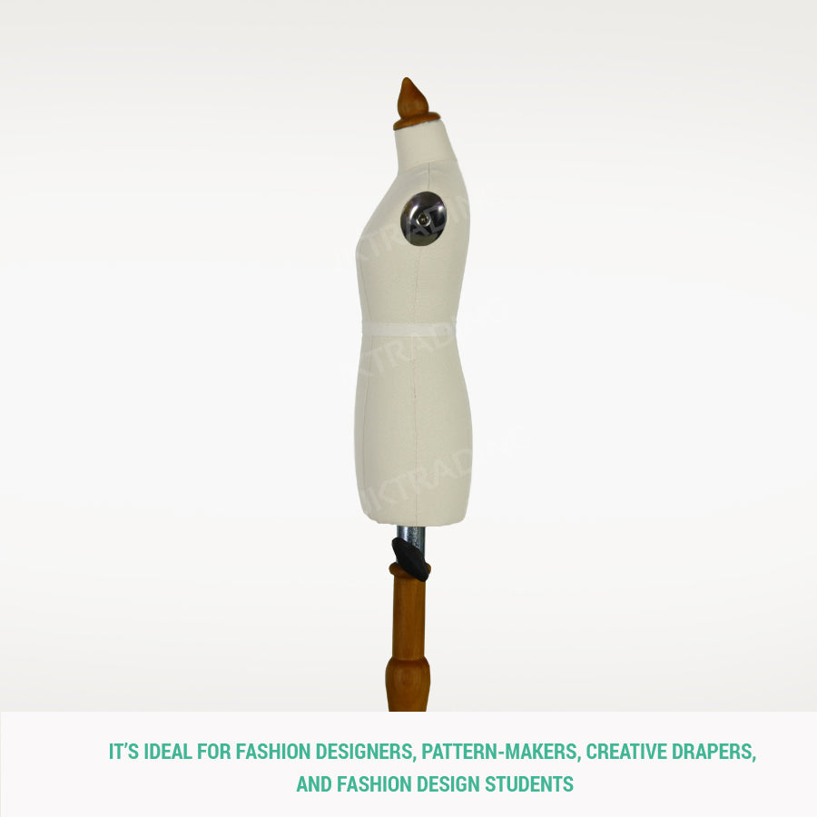 White dress form with wooden base on a white background