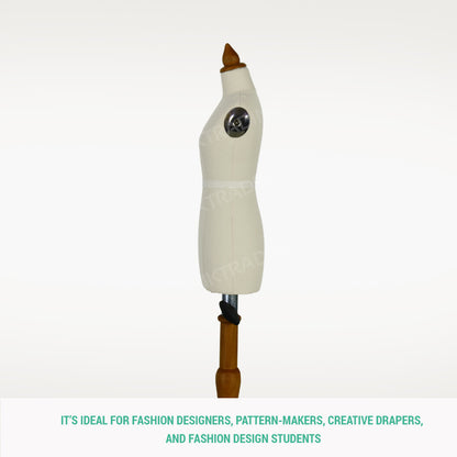 White dress form with wooden base on a white background