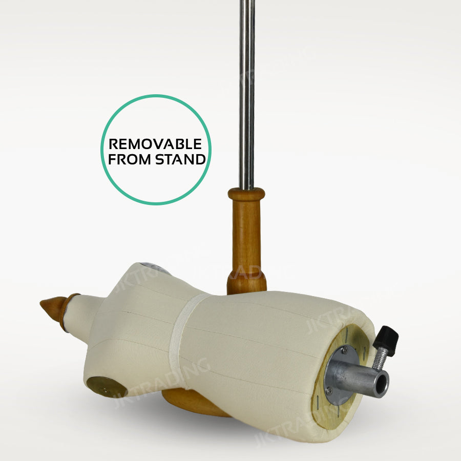Wooden golf club head cover with a stand attachment on a white background