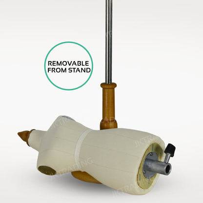 Wooden golf club head cover with a stand attachment on a white background