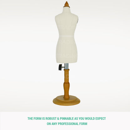 Three-quarter back profile view of the pinnable mini female draping form with a natural wood table base.