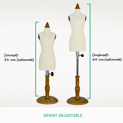 Back profile view of the linen half-scale female trousers mannequin highlighting clean structural center seams.
