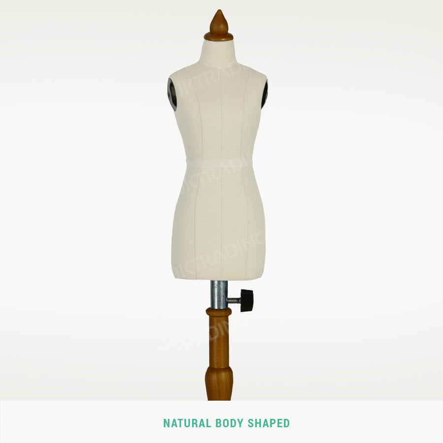 White dress form on a white background with 'Natural Body Shaped' text.