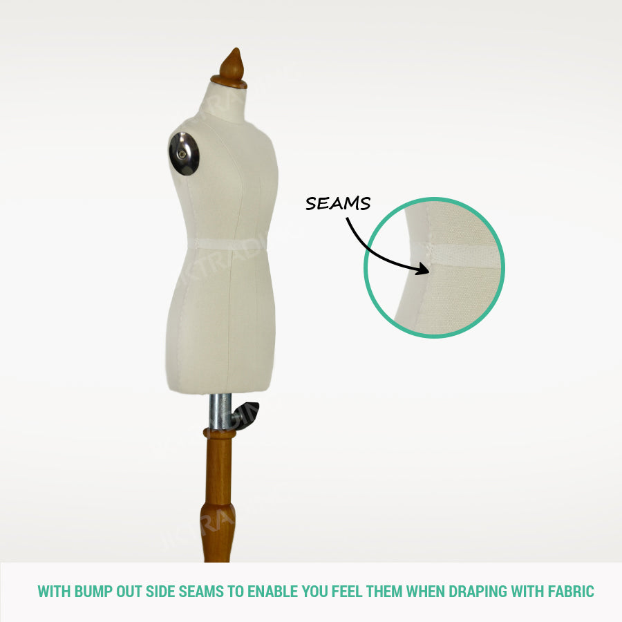 Front straight profile view of the premium linen-covered half scale female pants form with structural guidelines.